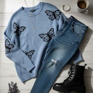 Just Polly Gray Butterfly Pattern Sweater
